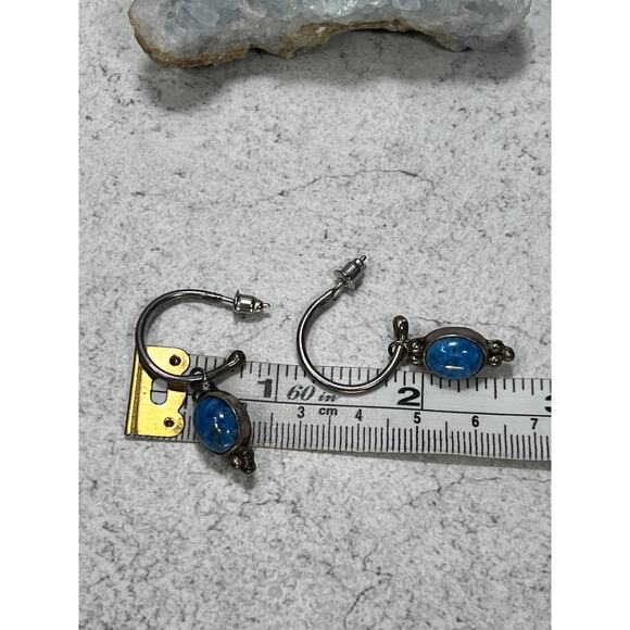 Navajo N Juan Sterling Silver Stamped Blue Stone earrings Hoop Metal - Picture 6 of 7